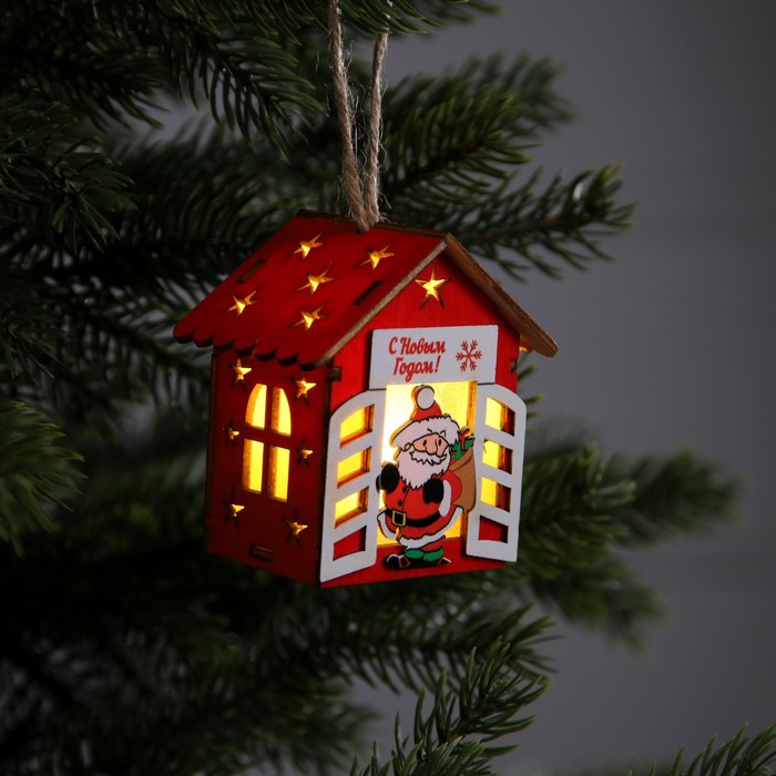 Ёлочная игрушка «Дом с Дедом Морозом», от батареек, свечение тёплое белое - фото 1909256622