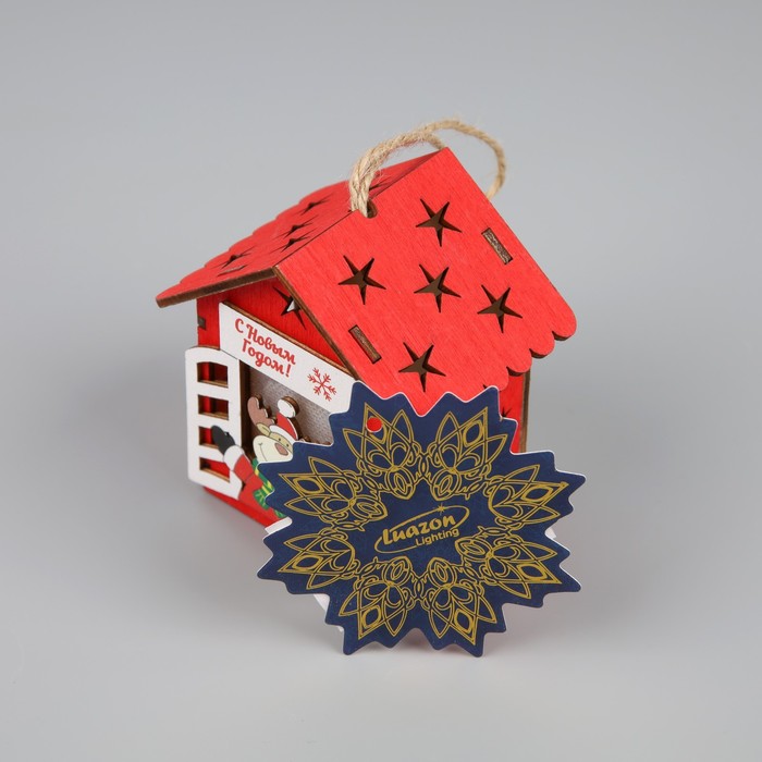 Ёлочная игрушка «Дом с оленем», от батареек, свечение тёплое белое - фото 1909256628