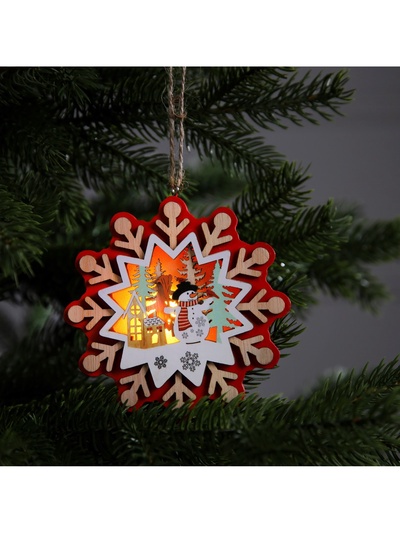 Ёлочная игрушка «Снежинка со снеговиком», 10×10 см, 1 LED, от батареек, свечение тёплое белое