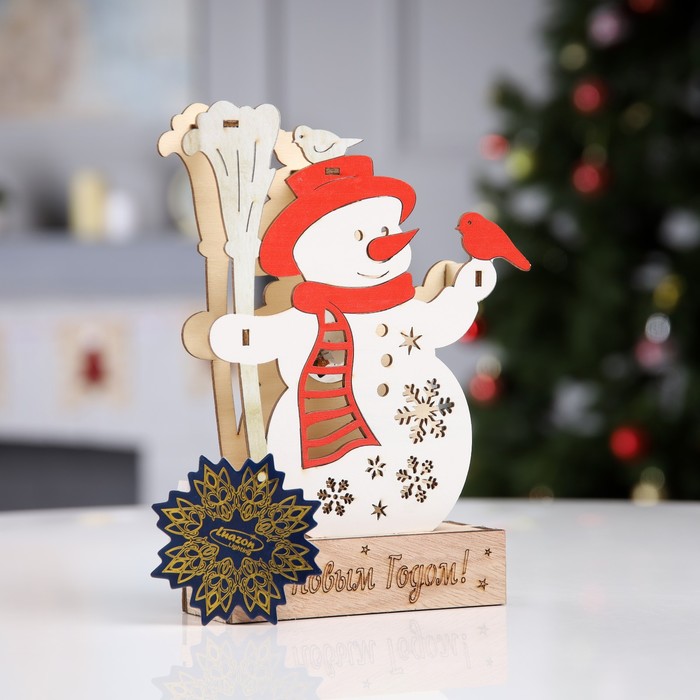 Светодиодная фигура «Снеговик с птичками» 16.5 × 20.5 × 5 см, дерево, батарейки LR41х3, свечение тёплое белое - фото 1926767876