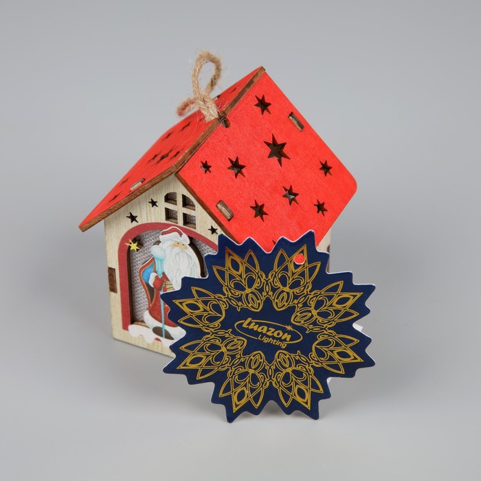 Ёлочная игрушка «Домик с Дедом Морозом», от батареек, свечение тёплое белое - фото 1909256745