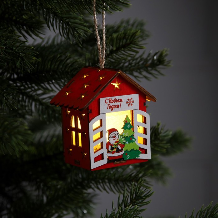 Ёлочная игрушка «Дед Мороз у ёлки», от батареек, свечение тёплое белое - фото 1909256751