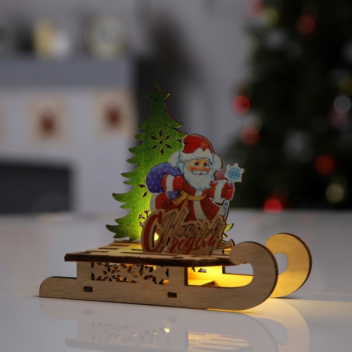 Светодиодная фигура «Сани с Дедом Морозом» 15.5 × 12 × 5.5 см, дерево, батарейки LR1130х3, свечение тёплое белое - фото 1906346895