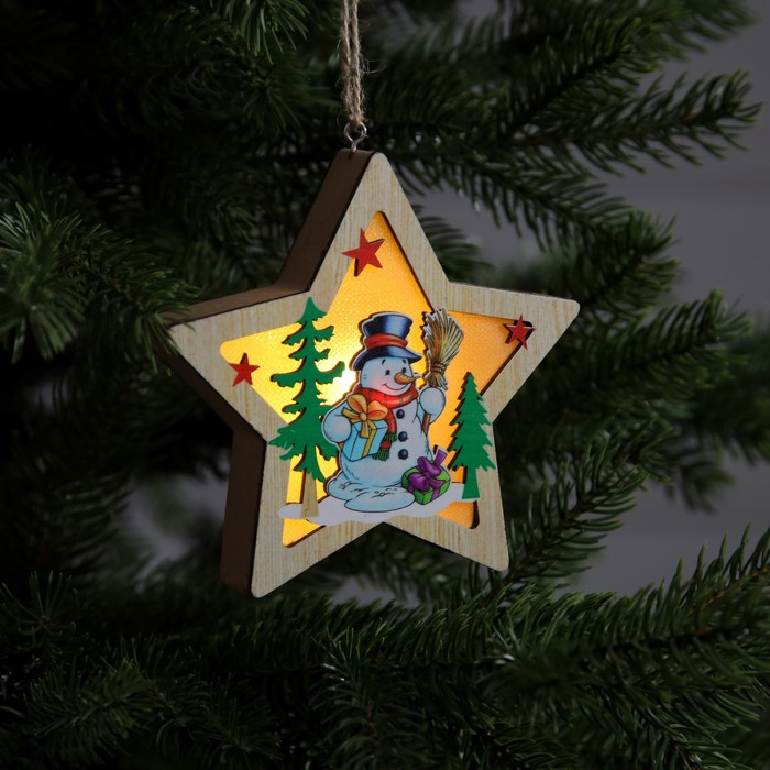 Ёлочная игрушка «Звезда со снеговиком», 12х12х2 см, 1 LED, от батареек, свечение тёплое белое - Фото 1