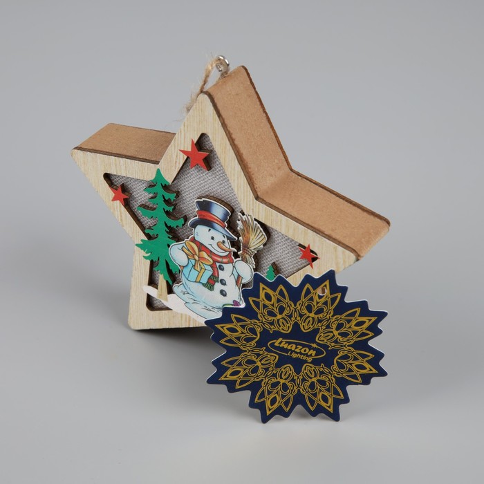Ёлочная игрушка «Звезда со снеговиком», от батареек, свечение тёплое белое - фото 1909256824