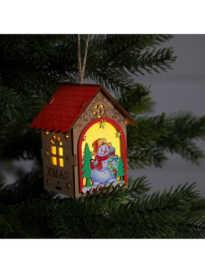Ёлочная игрушка «Домик со снеговиком», 11×8.5×7.5 см, 1 LED, от батареек, свечение тёплое белое