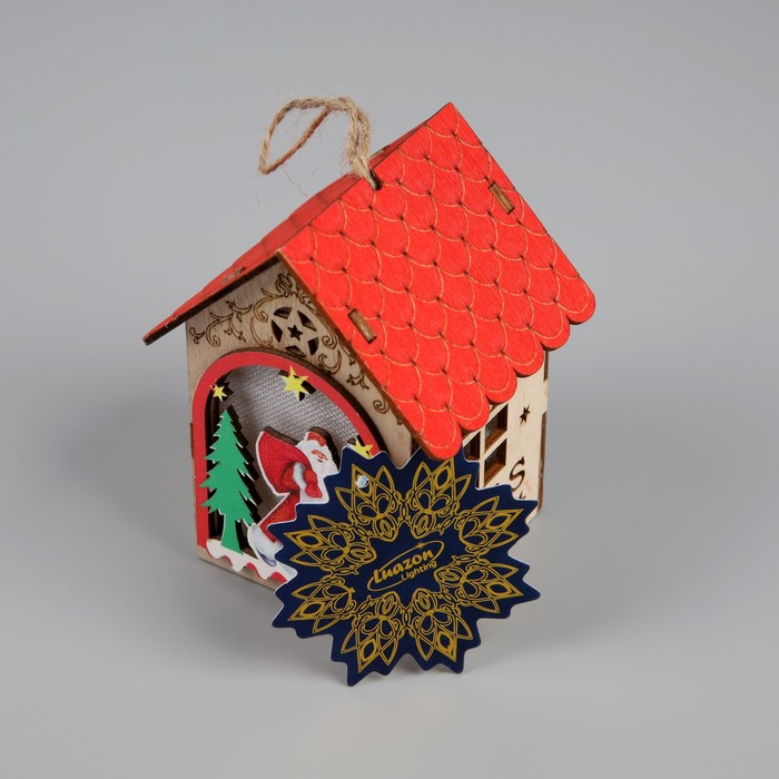 Ёлочная игрушка «Домик с Дедом Морозом», от батареек, свечение тёплое белое - фото 1909256836