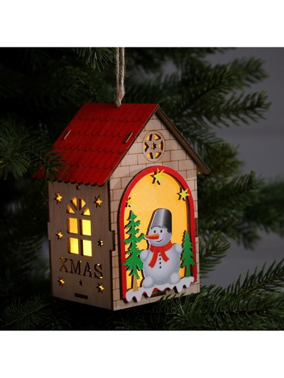 Ёлочная игрушка «Домик со снеговиком», 14.5×11×8.5 см, 1 LED, от батареек, свечение тёплое белое