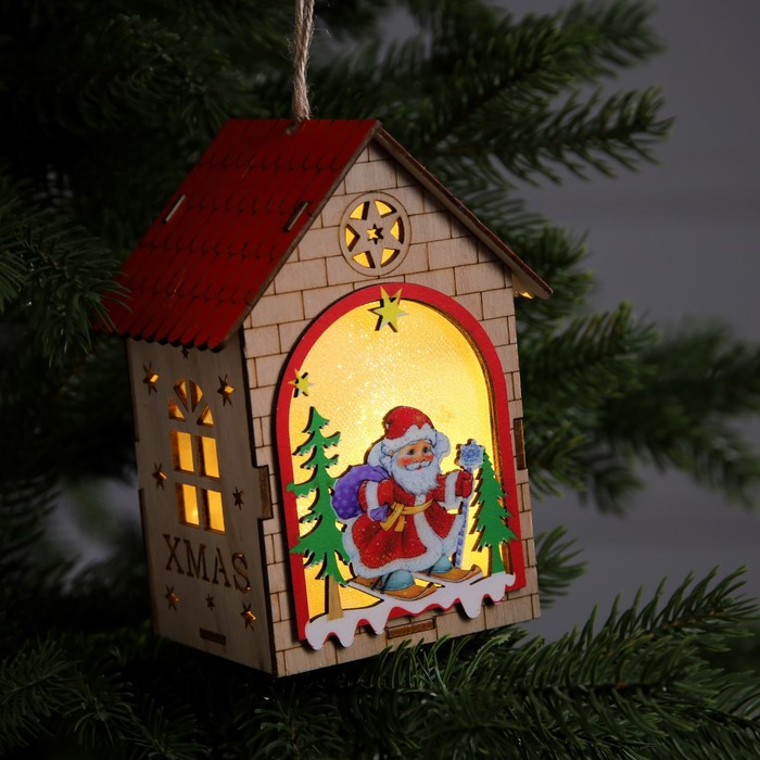Ёлочная игрушка «Домик с Дедом Морозом», от батареек, свечение тёплое белое - фото 1909256850