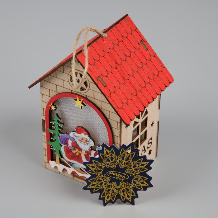 Ёлочная игрушка «Домик с Дедом Морозом», от батареек, свечение тёплое белое - фото 1909256852
