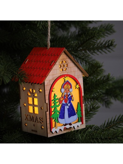 Ёлочная игрушка «Домик со Снегурочкой», 14.5×11×8.5 см, 1 LED, от батареек, свечение тёплое белое