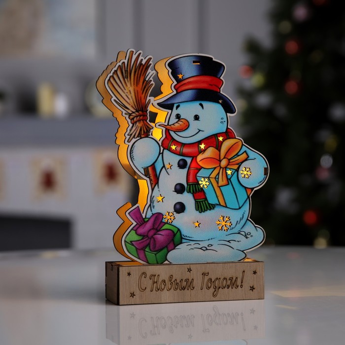 Светодиодная фигура «Снеговик с подарками» 13 × 20 × 2.5 см, дерево, батарейки LR1130х3, свечение тёплое белое
