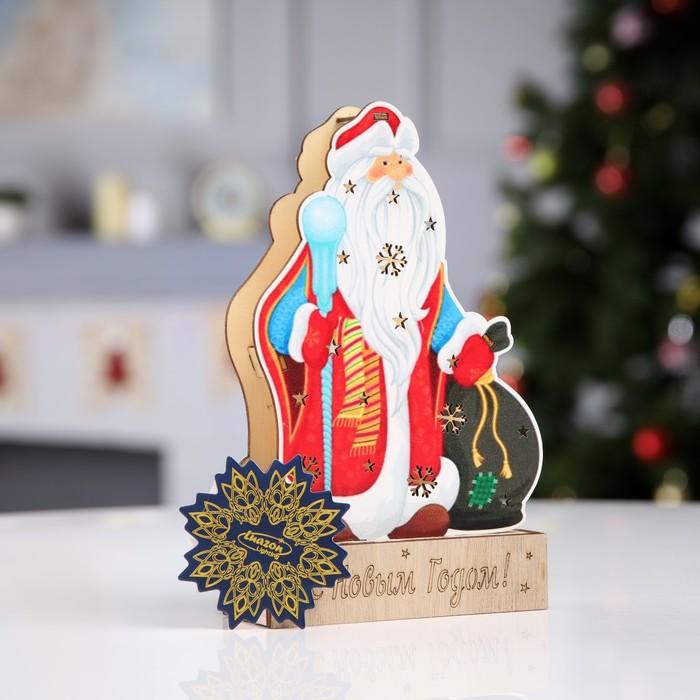 Светодиодная фигура «Дед Мороз» 14 × 20 × 2.5 см, дерево, батарейки LR1130х3, свечение тёплое белое - фото 1926768042