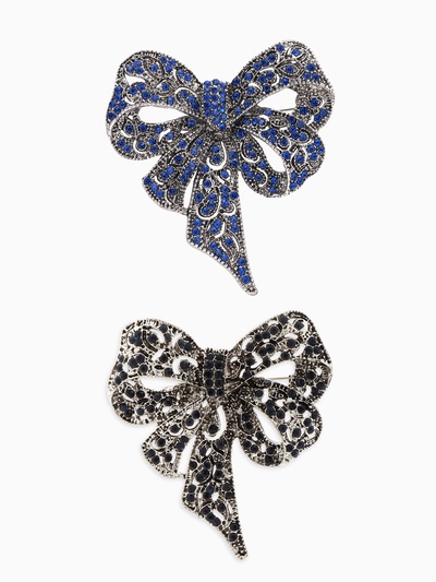 Брошь «Бант» узорчатый, цвет бело-синий в чернёном серебре МИКС
