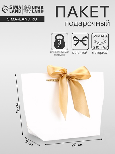 Пакет подарочный ламинированный, с лентой «Белый», горизонтальный, 19×20×9 см