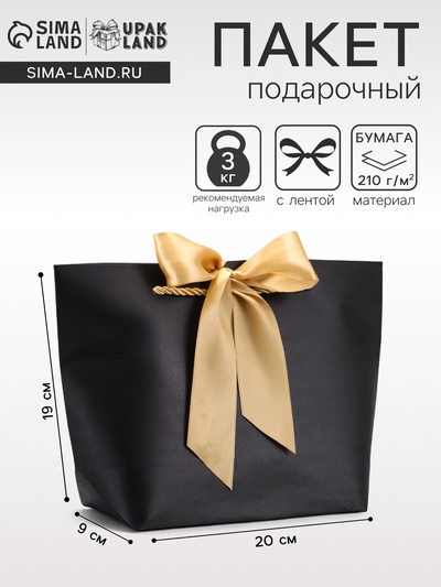 Пакет подарочный ламинированный, с лентой «Чёрный», горизонтальный 19×20×9 см