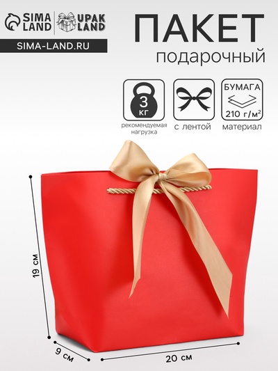 Пакет подарочный ламинированный, с лентой «Красный», горизонтальный, 19×20×9 см