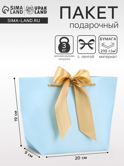 Пакет подарочный ламинированный, с лентой «Голубой», горизонтальный, 19×20×9 см