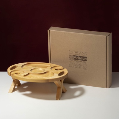 Столик - поднос деревянный для подачи вина и чая Adelica, с менажницей и складными ножками, на 2 персоны, пропитана минеральным маслом, 32×25×1,8 см, в подарочной упаковке, берёза