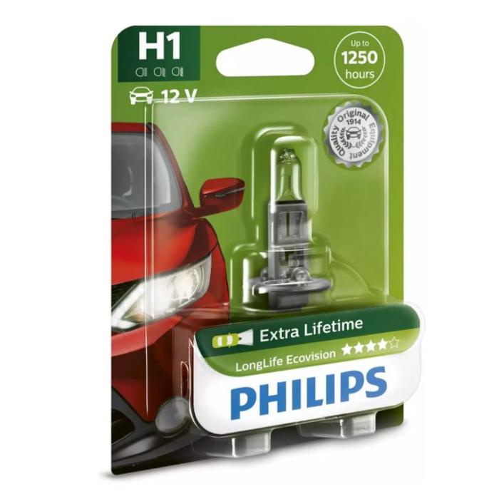 Лампа Philips H1 12 В, 55W (P14,5s) LongLife EcoVision, блистер 1 шт, 12258LLECOB1 - Фото 1