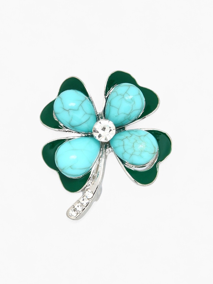 Брошь «Клевер» с бирюзой, цветная в серебре - Фото 1