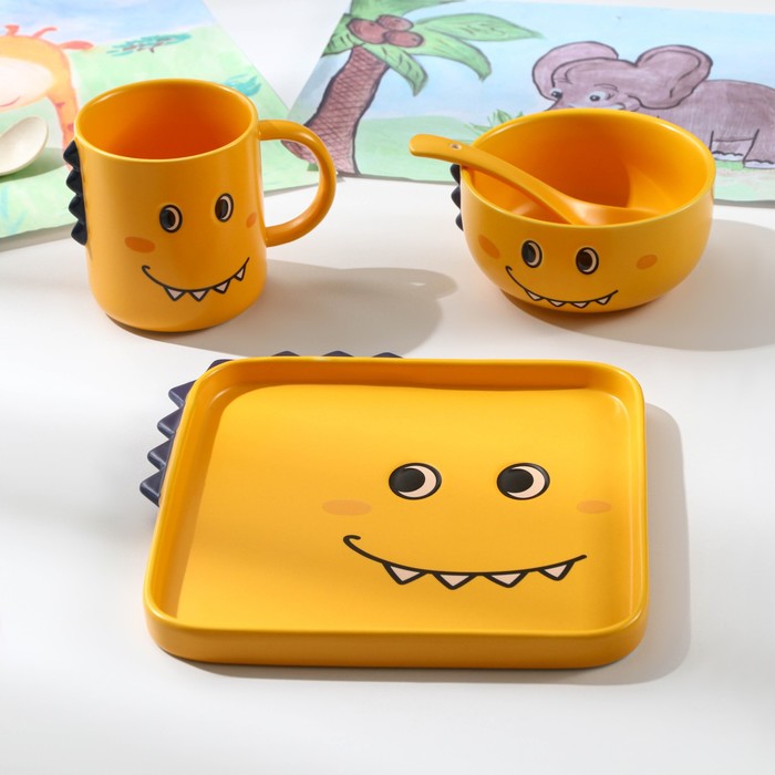 Набор детской посуды из керамики «Дино», 4 предмета: блюдо 19,5×20,5 см, миска 350 мл, кружка 350 мл, ложка, цвет жёлтый