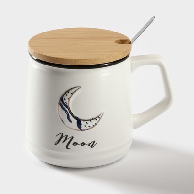 Кружка с крышкой и ложкой Moon, 350 мл, керамика, белая