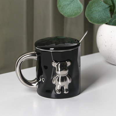 Кружка с ложкой «Стильный мишка», 320 мл, керамика, чёрная
