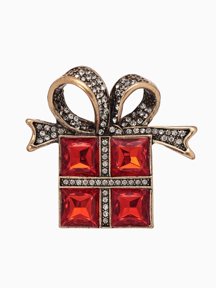 Брошь «Подарок» с бантиком, цвет красно-белый в чернёном золоте - Фото 1