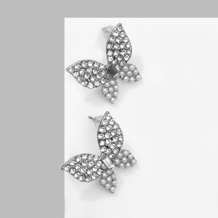 Серьги с жемчугом «Бабочки» нежные, цвет белый в серебре - Фото 1