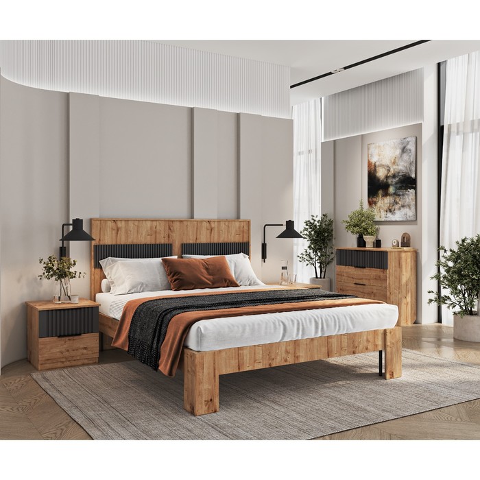 Кровать «Див», 140×200 см, без основания, накладки МДФ, цвет дуб вотан / графит - Фото 1