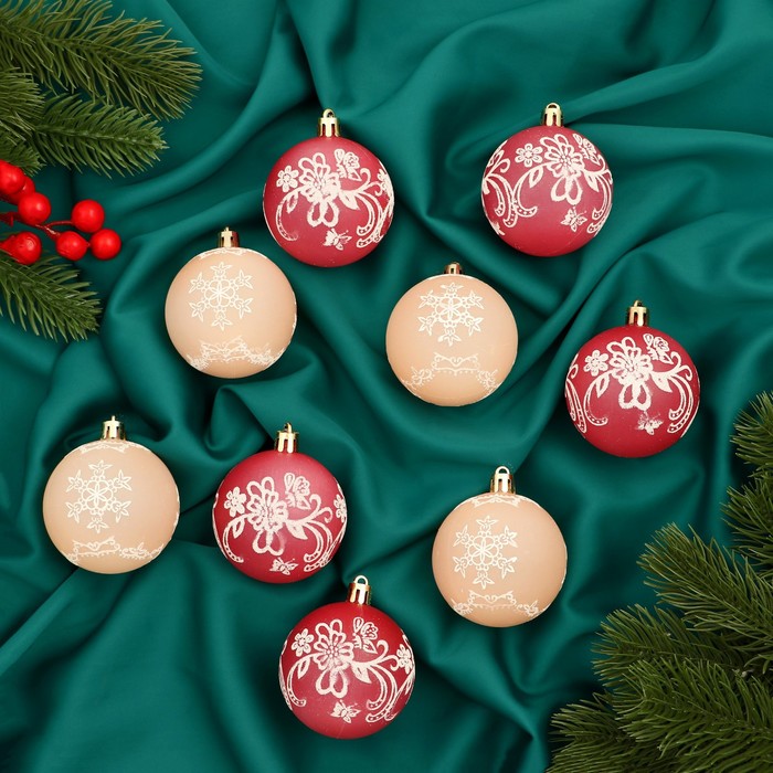 Ёлочные игрушки «Ажур», шары новогодние, d=5.5 см, набор 9 шт., красный/бежевый - Фото 1