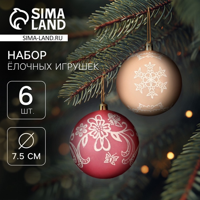 Ёлочные игрушки «Ажур», шары новогодние, d=7.5 см, набор 6 шт., красный/бежевый - Фото 1