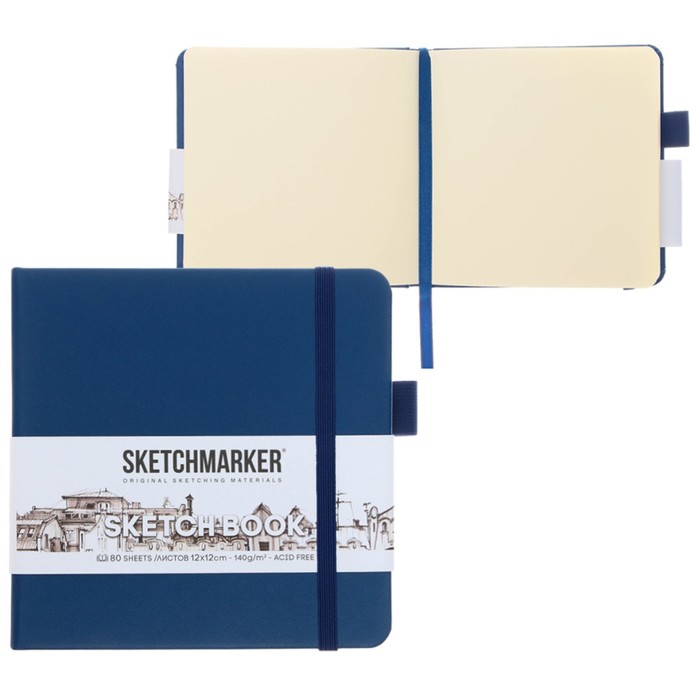 Скетчбук Sketchmarker, 120 х 120 мм, 80 листов, твёрдая обложка из искусственной кожи, синий, блок 140 г/м2 - Фото 1