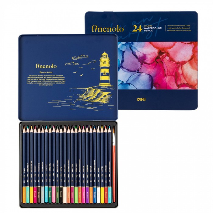 Карандаши акварельные набор 24 цвета, Finenolo, в металлическом пенале - Фото 1