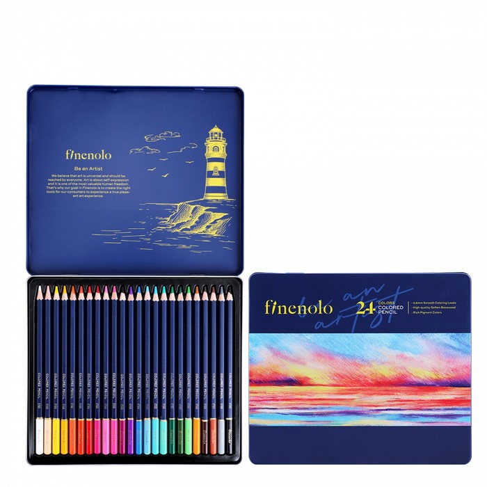 Карандаши художественные 24 цвета, Finenolo, 3.8 мм, шестигранные, в металлическом пенале - Фото 1