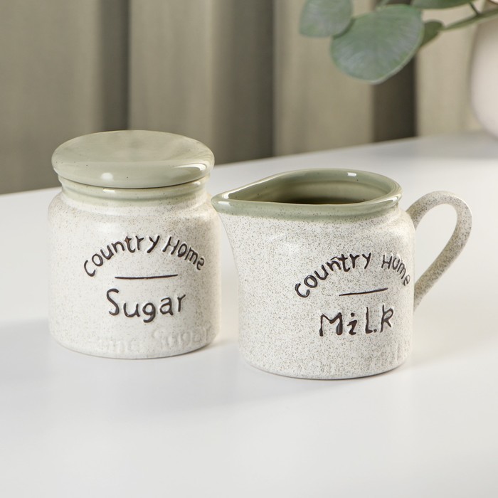 Набор сервировочный «Домик в деревне», 2 предмета: банка для сахара 300 мл, молочник 300 мл, керамические, цвет белый - Фото 1
