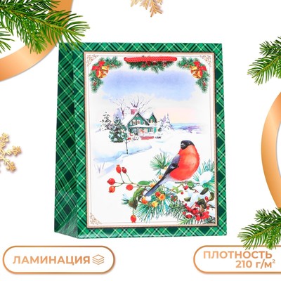 Пакет подарочный новогодний ламинированный «Снегирь на ветке », 18×22.3×10 см