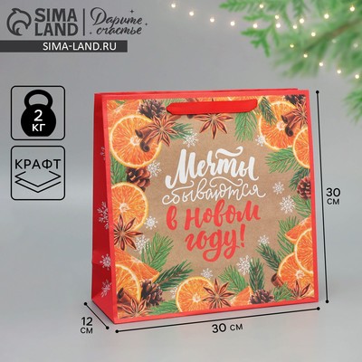 Пакет подарочный новогодний крафтовый квадратный «Мечты сбываются в Новом году», 30×30×12 см