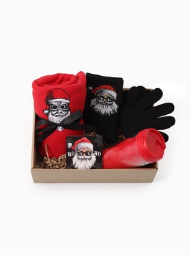 Новогодний подарочный набор «Ho-ho» плед, носки, перчатки, термостакан