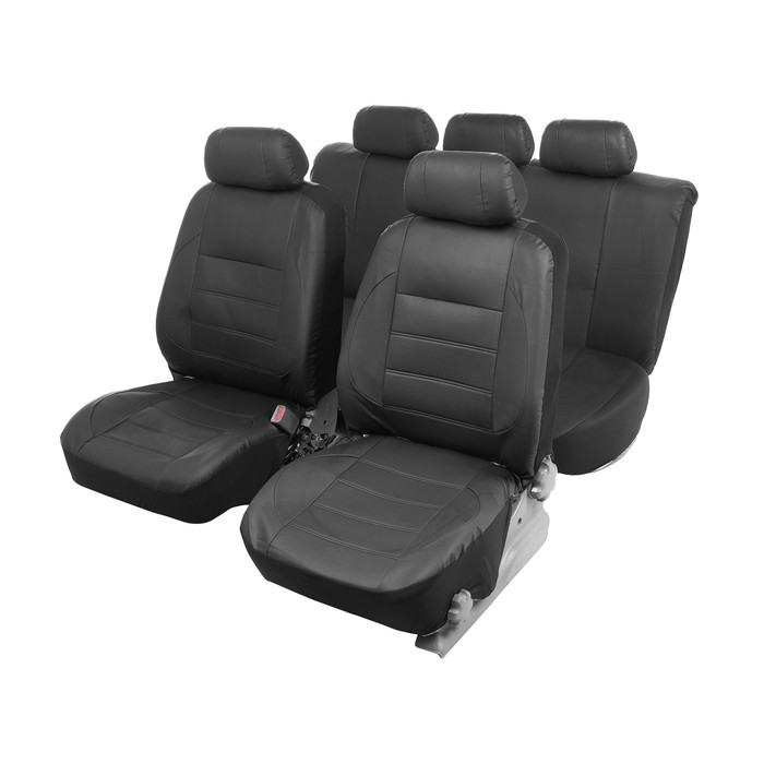 Чехлы на сиденья в автомобиль TORSO Premium, 11 предметов, кожа PU, черный - Фото 1
