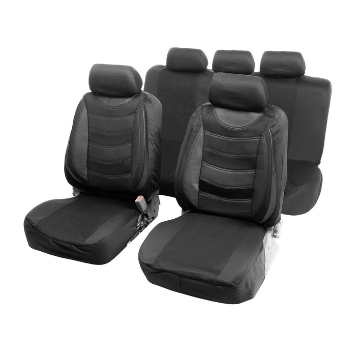 Чехлы на сиденья в автомобиль TORSO Premium универсальные, 11 предметов, кожаные вставки, чёрный - Фото 1