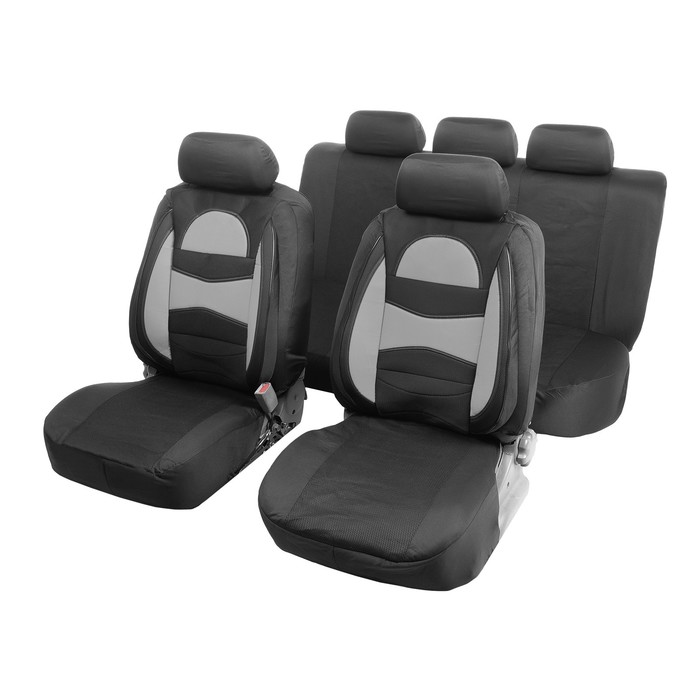 Чехлы на сиденья в автомобиль TORSO Premium, 11 предметов, кожаные вставки, серые вставки - Фото 1
