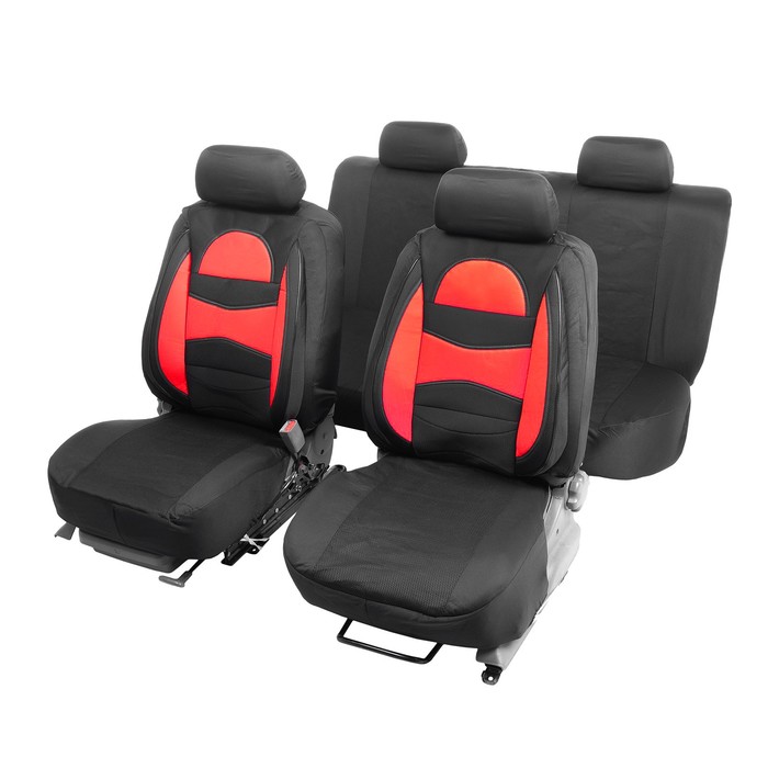 Авточехлы TORSO Premium универсальные, 11 предметов, кожаные вставки, красные вставки