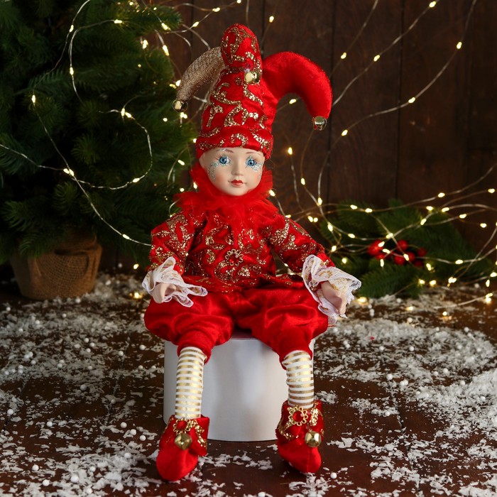 Новогодний шут «В нарядном костюмчике» музыкальный, шевелит головой, 46 см, красный - Фото 1
