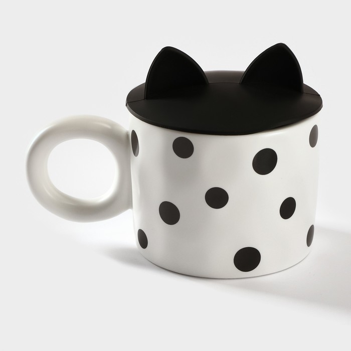 Кружка с силиконовой крышкой «Мяу», 350 мл, керамика, белая, чёрная - Фото 1