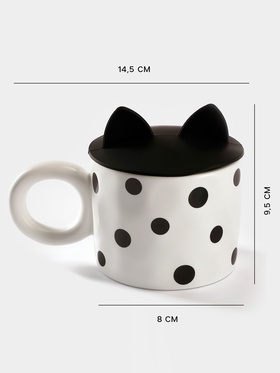 Кружка с силиконовой крышкой «Мяу», 350 мл, керамика, белая, чёрная