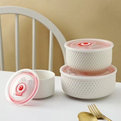 Набор салатников керамических с вакумными крышками «Ромбики», 3 предмета: 300/550/900 мл, цвет белый