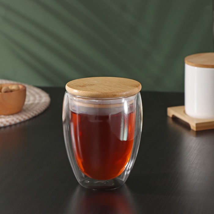 Стакан с двойными стенками BellaTenero «Эко», 330 мл, бамбуковая крышка, стекло, прозрачный - Фото 1