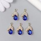 Декор для творчества металл, стразы "Два листика с кристаллом" золото, синий 1,1х2,1 см (комплект 5 шт) - фото 22523161